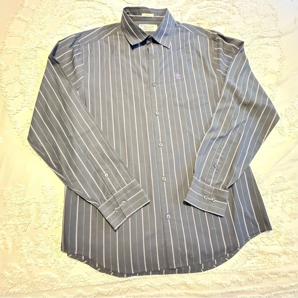 Original Penguin Gray Striped Dress Shirt Size L